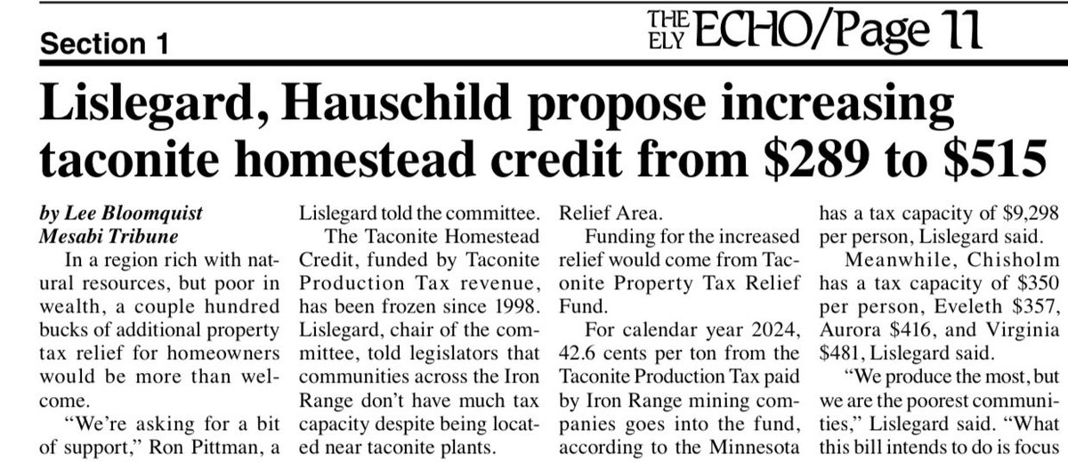 This week, @RepLislegard and I introduced the largest Iron Range Property Tax Relief package in decades! This would provide residents in the Taconite Relief Area an additional $200 in property tax relief! #mnleg