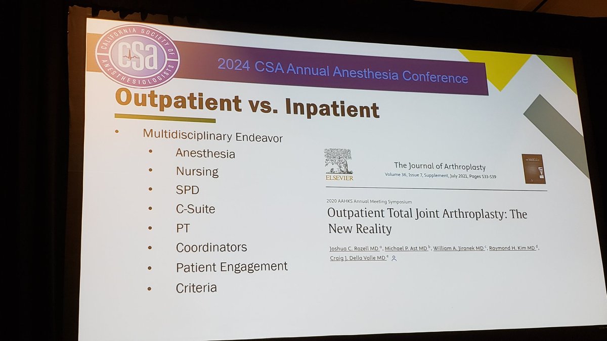 Considerations for outpatient total joint arthroplasty - @DrJeniMD #CSAAnnualConf2024 Shout-out to @Viv43308518 @Ropivacaine et al @CJA_Journal paper shared on X Multidisciplinary effort and careful patient selection are key! Be consistent throughout all phases of care.