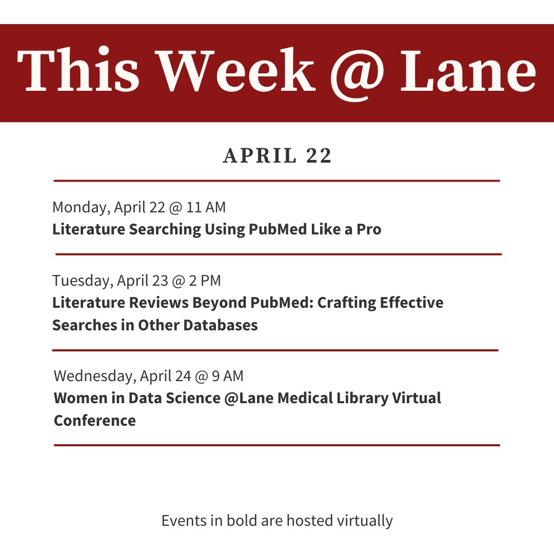 Sharpen your research skills & celebrate #WomenInDataScience with 2 online classes and an online conference at Lane Library this week. #LaneLibrary #StanfordMedicine