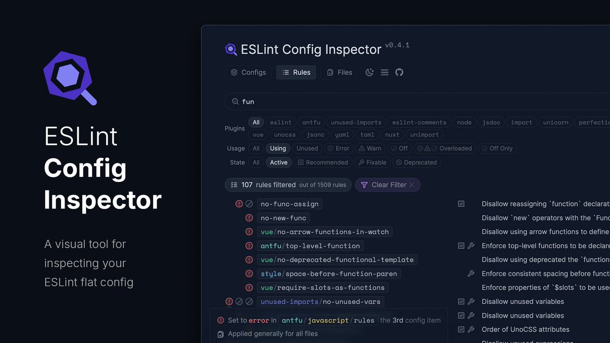 antfu7's tweet image. 🎉 I am so happy to share with you that `eslint-flat-config-viewer` is now the official ESlint Config Inspector! 🚀

Huge thanks to @slicknet and the @geteslint team for offering the chance and being very supportive! 💜

Give it a try and I hope you will find it helpful! 😆