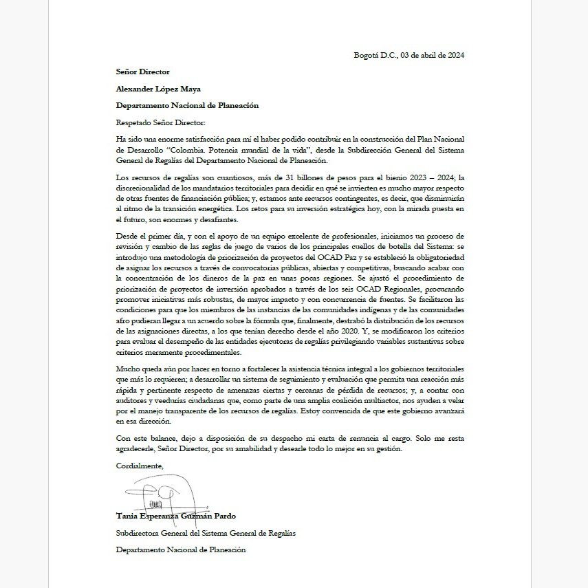 Para claridad: el cargo de Subdirectora de <a href="/Regalias_gov/">Regalias_gov</a> del <a href="/DNP_Colombia/">Departamento Nacional de Planeación</a> es de libre nombramiento y remoción por parte del señor Presidente <a href="/petrogustavo/">Gustavo Petro</a>. Legalmente, corresponde presentarle a él la carta de renuncia. En todo caso también presenté mi carta al Dir <a href="/AlexLopezMaya/">Alexander López Maya</a>