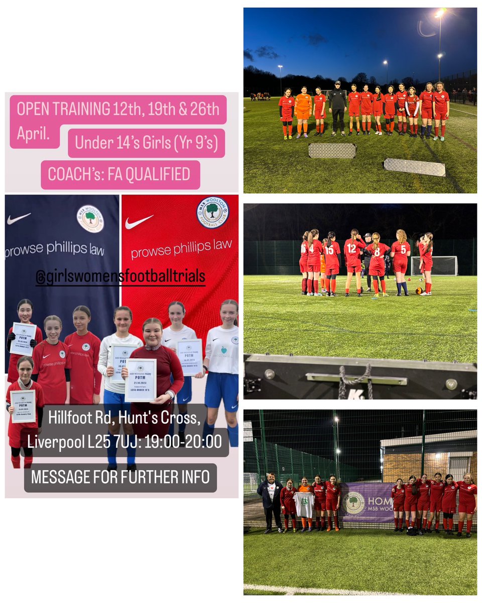 Open training for girls under 14’s (School Yr9)
Every Friday 19:00-20:00, Hillfoot Rd, Hunt's Cross, Liverpool L25 7UJ. Message for further info!