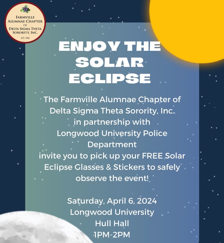 FACDST's tweet photo. 🌟 Attention, Longwood students! 🌟 On Mon., 4/8, the sky will put on a mesmerizing show—the total solar eclipse! 🌞🌒 Before you gaze at the sky, remember: SAFETY FIRST! Stop by Hull Hall on Sat., 4/6, from 1-2 to get a FREE pair of solar eclipse glasses to protect your eyes! 😎 https://t.co/RJ9dG4BCC1