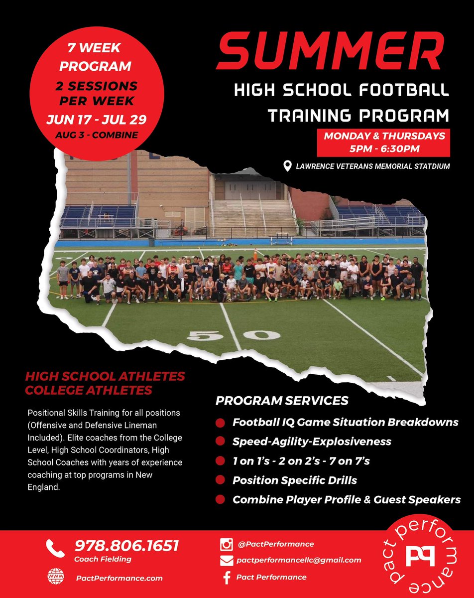PactPerformance Summer Field Session Program is back for a 5th Consecutive Summer
Field sessions 2 nights per week, All Positional training (including O line and D line) Combine/showcase Prep Drills and 5th Annual Pact Combine

We offer you a chance to compete and train that’s it