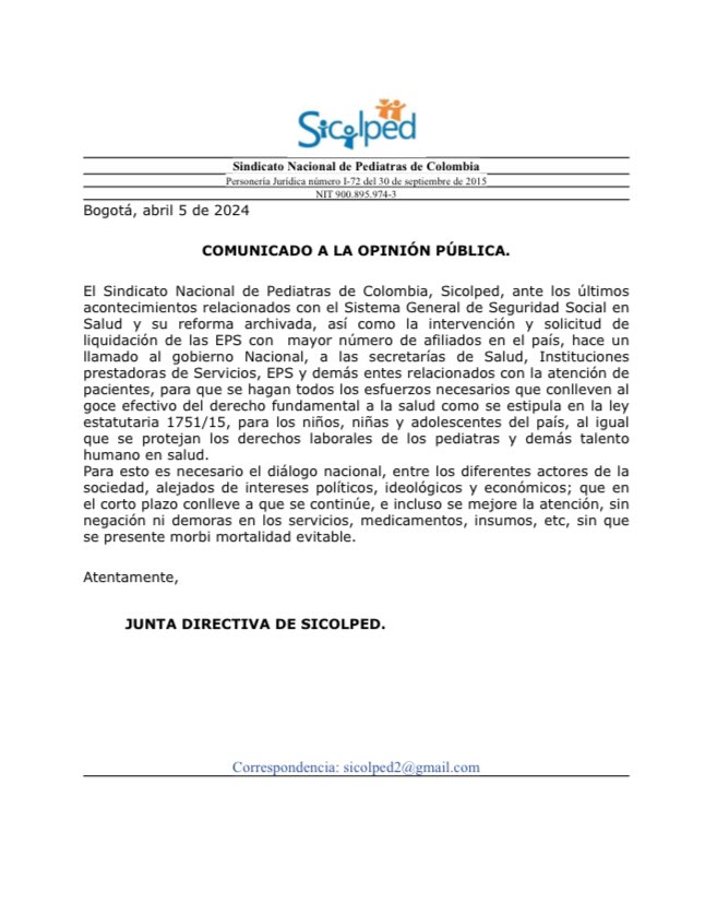 ⁦@Sicolped1⁩ hace llamado al gobierno y entidades competentes para que se garantice la atención de calidad y sin demoras a los NNA así como la estabilidad laboral de los pediatras ante la coyuntura actual. ⁦⁩ ⁦⁦@petrogustavo⁩ ⁦@LuisCarlosLealA⁩