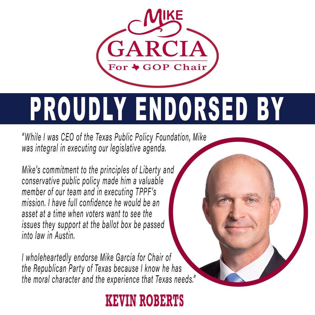 Honored to have the support of @KevinRobertsTX, my former boss and mentor for many years. His example in leading the conservative movement and especially always putting God first has been a model, and one I intend to continue at the @TexasGOP.