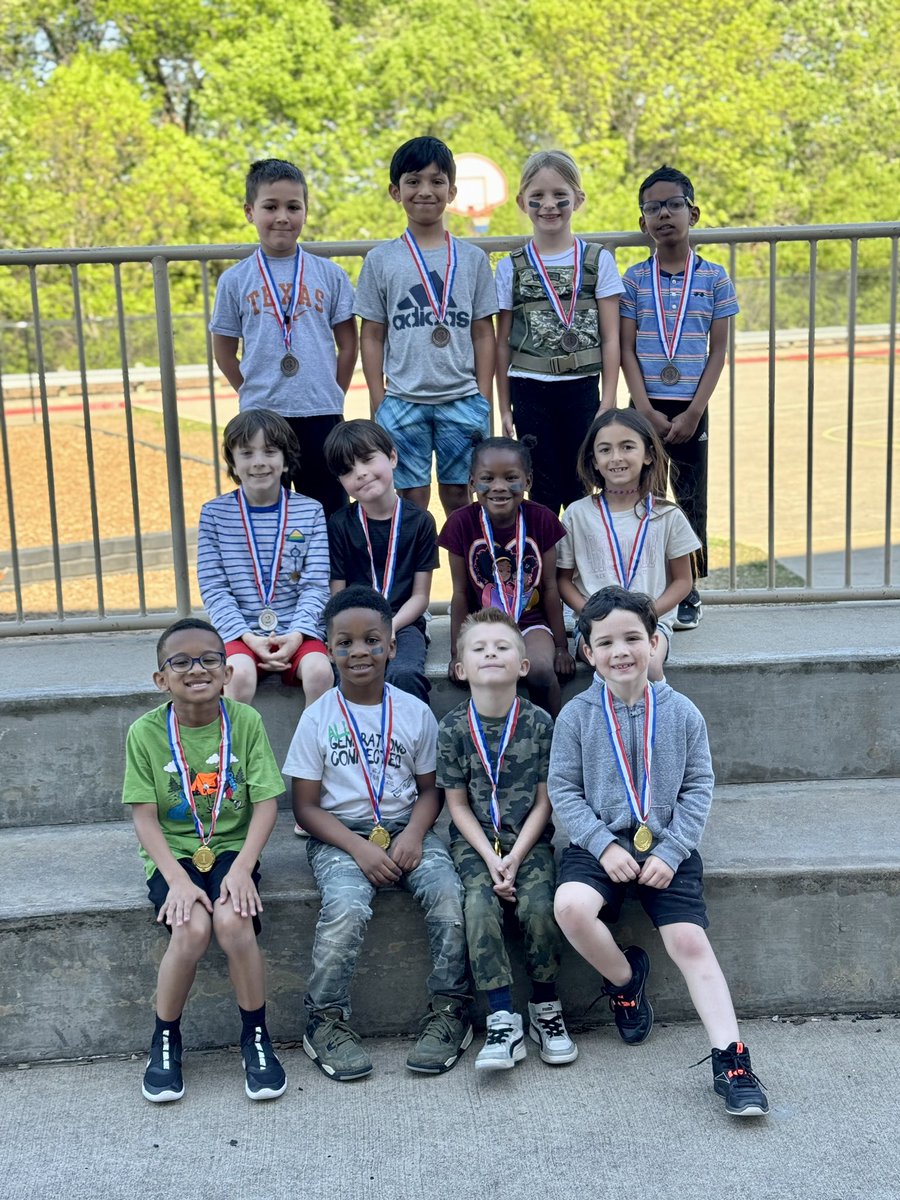 McClure1st's tweet photo. We finished our Boot Camp review week with some competitions today! Here are the medal winner for the 100meter dash, jumping jacks, pushups, and sit-ups. These athletes worked hard! Thanks to @McClurePTO for the medals! 🥇 🥈🥉#mccluremarshals #mcclure2324 #BootCamp 🖤💚🤎 https://t.co/qQDPoaRwar