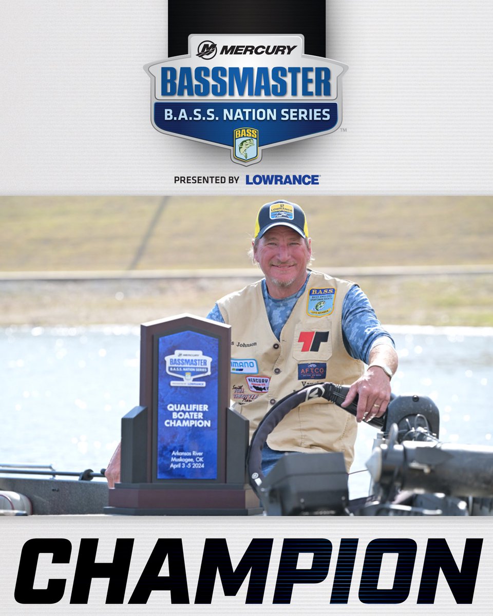 bassmaster's tweet photo. Chris Johnson completes wire-to-wire and wins the 2024 @MercuryMarine B.A.S.S. Nation Qualifier at the Arkansas River presented by @LowranceFishing with a total weight 51 pounds, 3 ounces.
#bass #Bassmaster #BassNation #Champion #visitmuskogee https://t.co/LC0PFRrR5q