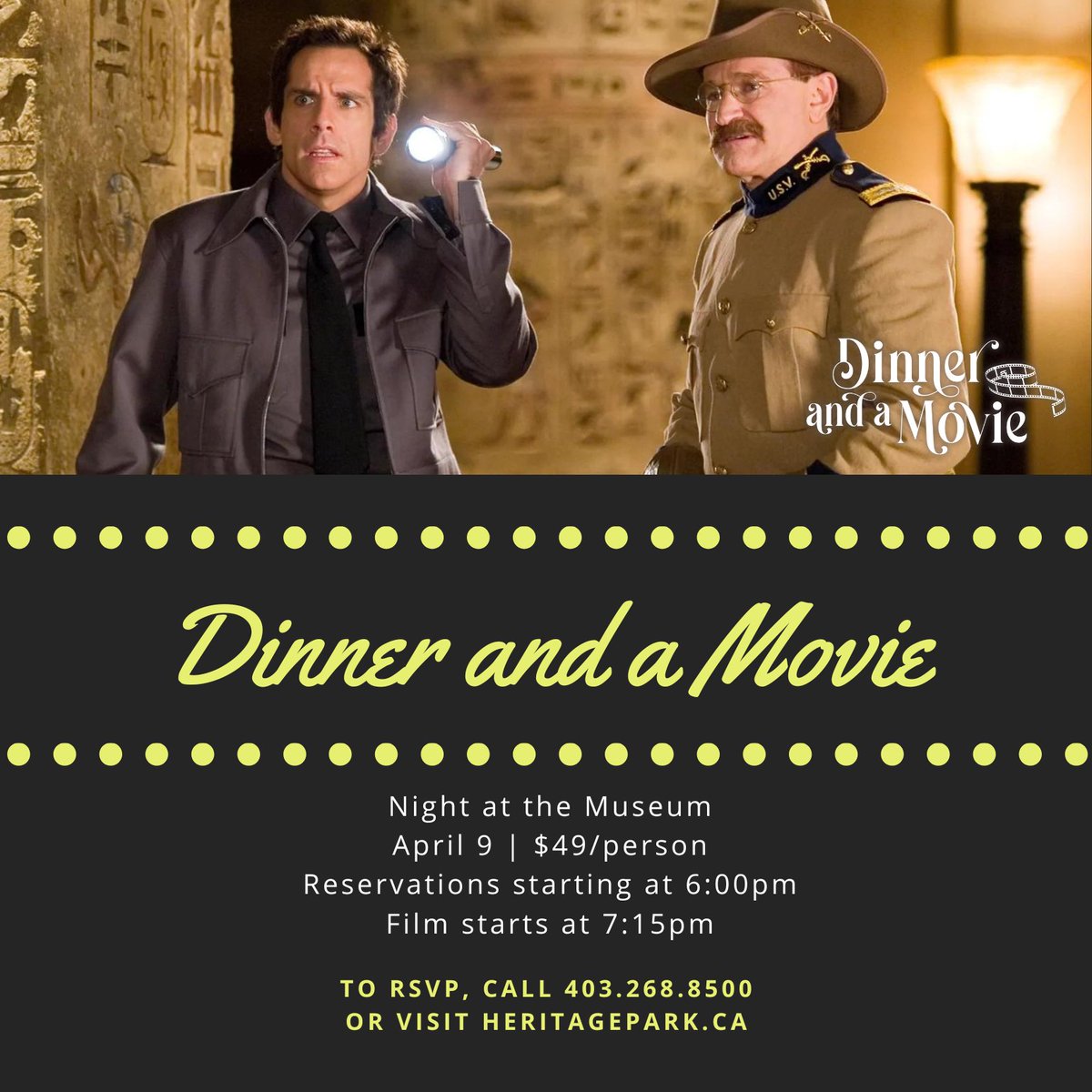 Dine among antique cars at Gasoline Alley Museum. While our cars won't come to life, we promise a charming, nostalgic evening! Enjoy a three-course meal, popcorn, a drink, and a screening of 'Night at the Museum' on our high-def screen. Visit bit.ly/3upfjtS