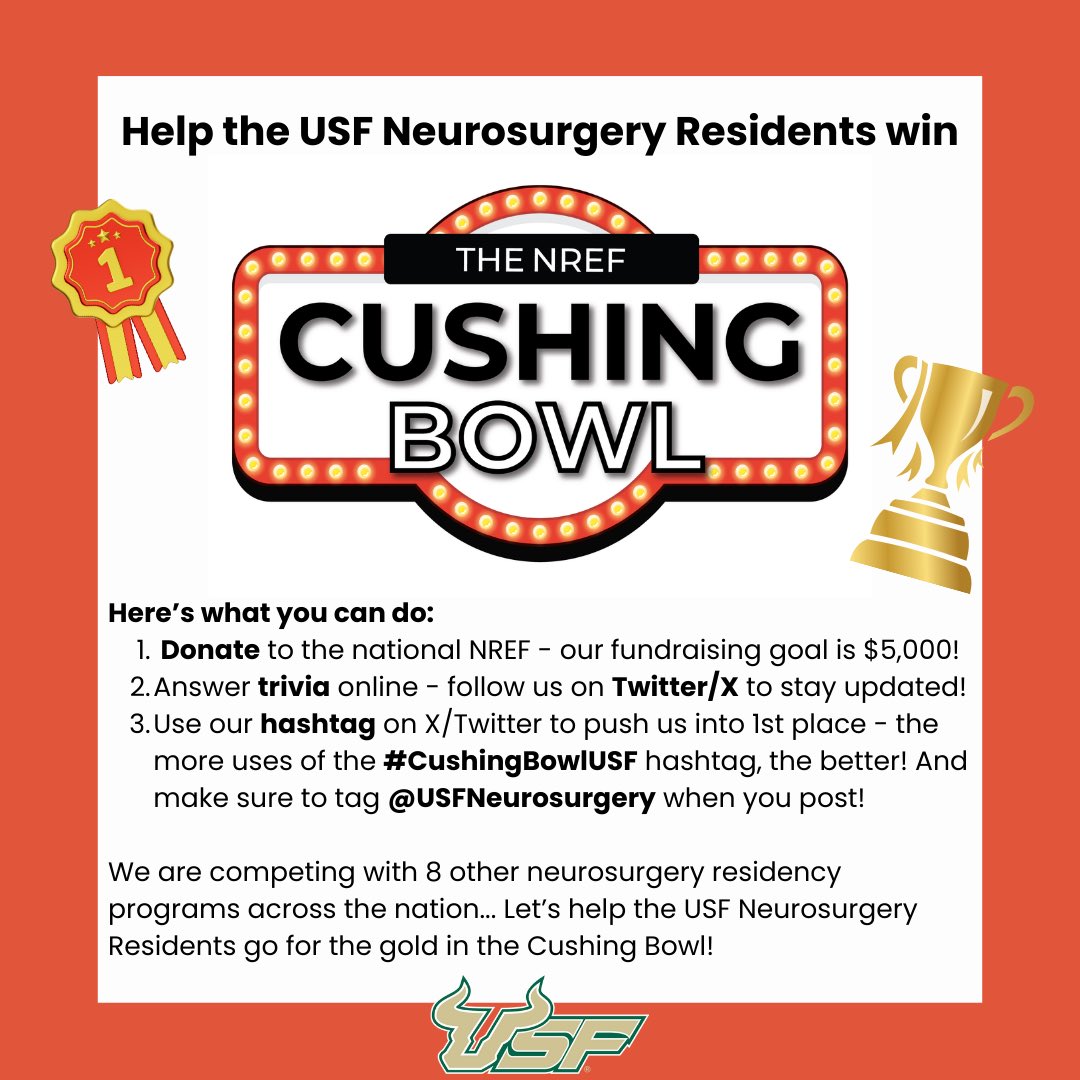 Are you feeling a little competitive? 😉 Support our #USFNeurosurgery residents in the #CushingBowlUSF! Donate at the 🔗 in bio, tweet and re-tweet using our hashtag, & join us for trivia! All donations benefit the @NREFORG, supporting neurosurgery resident education & research.