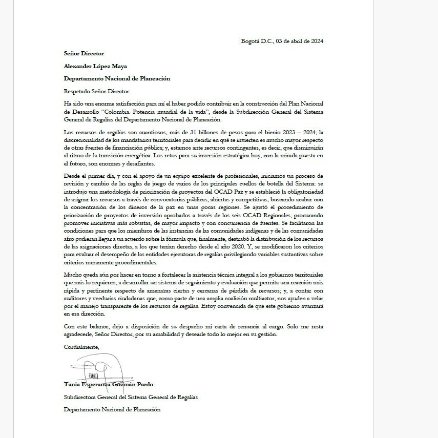¡Gracias apreciado Daniel! No hay motivo para decepcionarte. Legalmente, como Subdirectora de <a href="/Regalias_gov/">Regalias_gov</a> debo renunciar ante el señor Presidente de la República <a href="/petrogustavo/">Gustavo Petro</a>. Además, también presenté la carta ante el Director <a href="/AlexLopezMaya/">Alexander López Maya</a>