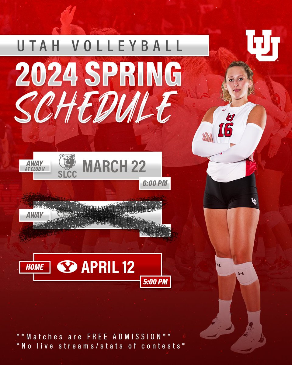 🚨SCHEDULE UPDATE🚨 Utah will no longer be competing in the Utah Valley Tournament over the weekend. The Utes will bring their spring season to a close on Friday, April 12 at home in the Jon M. Huntsman Center, hosting BYU at 5PM #GoUtes