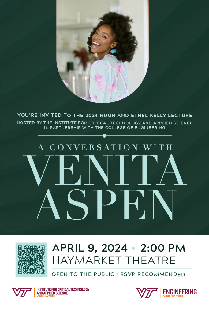 Mark your calendars, Hokies! 🗓️ We’re hosting our ninth Hugh and Ethel Kelly Lecture in partnership with @VTEngineering tomorrow, April 9 at 2 p.m. Join us for a conversation with content creator and entrepreneur Venita Aspen. RSVP --> forms.office.com/Pages/Response…