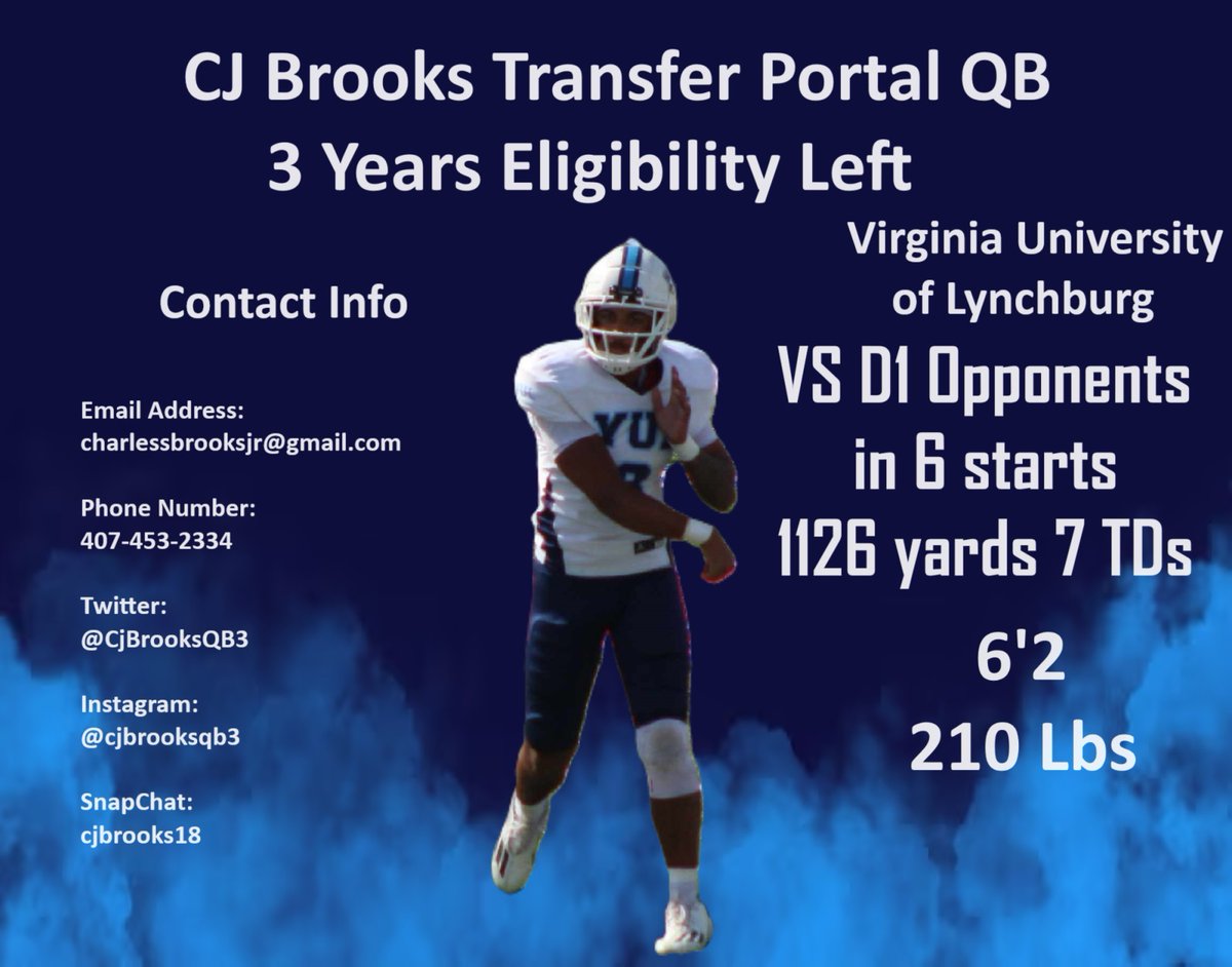 🗣 Any FCS or FBS Coaches need a QB from the portal? Hit up my guy‼️ @CjBrooksQB3! hudl.com/v/2MXcjK === - 2 seasons of playing vs FCS schools - 3.83 GPA and rising - Team captain as a freshman and sophomore. -Started a FCA chapter at college and mentored middle school
