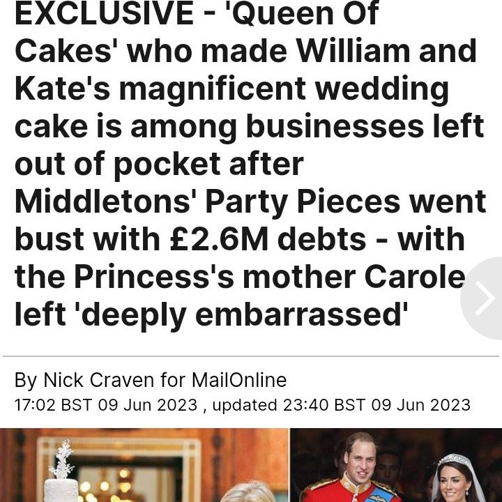 Ma & Pa Middleton must be in a lot of debt if they can’t even pay Fiona Cairns Ltd's the £3,880 they owe her. ￼

Fiona baked Prince William & Kate’s wedding’s cake.

Were the Middletons ever really millionaires, or are they paper thin millionaires?