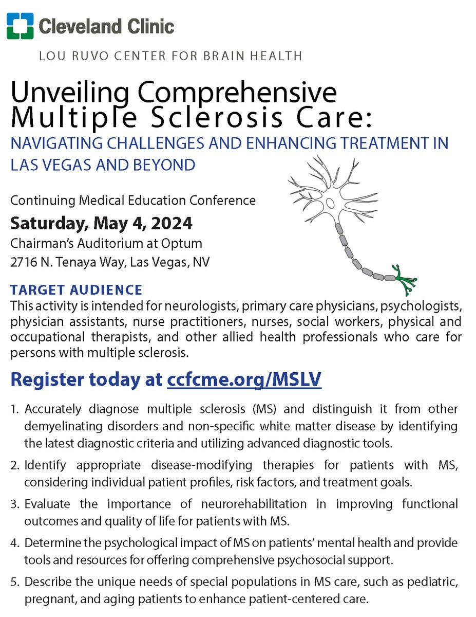 Cleveland Clinic Lou Ruvo Center for Brain Health CME Conference: May 4, 2024 Register at: clevelandclinicmeded.com/live/courses/m…