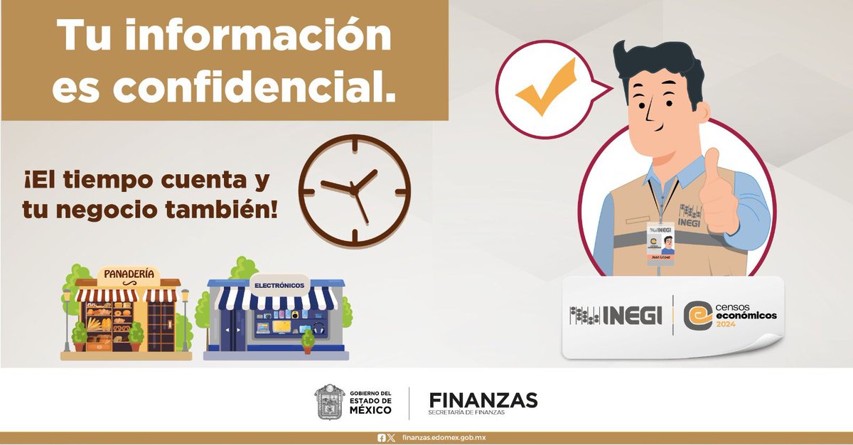 ¡Participa en el #CensoEconómico2024! El INEGI está recabando información sobre establecimientos productores de bienes, comercializadores de mercancías y prestadores de servicios. Tu información es confidencial. ¡#TuNegocioCuenta! Más detalles: censoseconomicos2024.mx