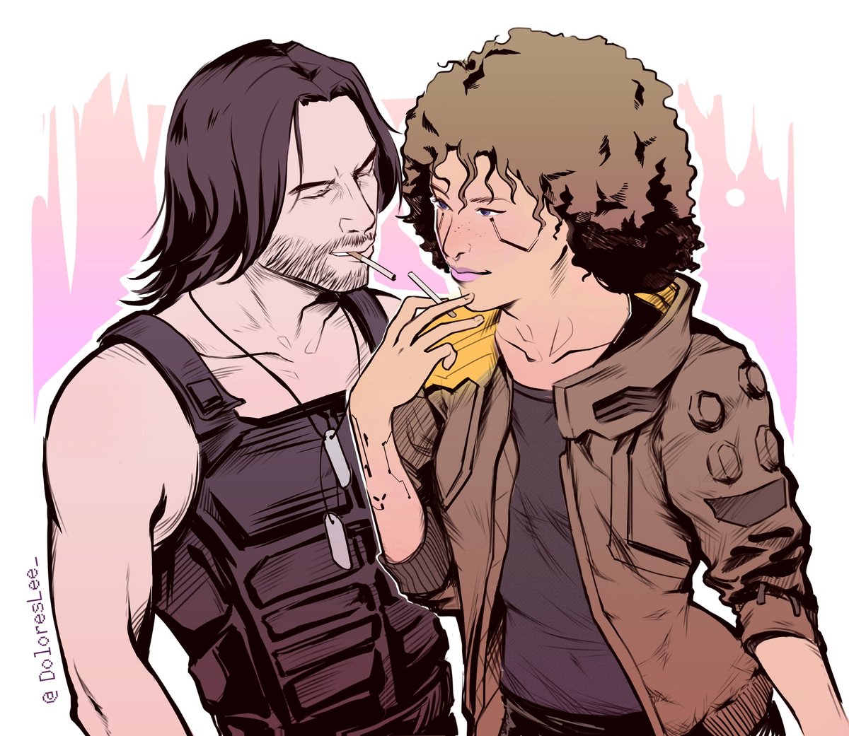 They finish each others... cigarettes. 🚬💘 Repost of one of my favs for #FanArtFriday by the incredible @DoloresLee_ ❤️ I'm biased but her Keanu/Johnny arts are some of absolute favs. #Cyberpunk2077 #Cyberpunk2077fanart #silverv #otpthesilverhands #johnnysilverhand #cp2077