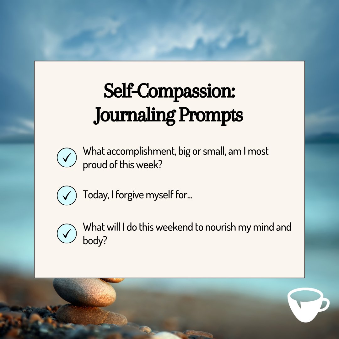 Use these journaling prompts to help you practice self-compassion this weekend. #WellnessJourney #selfcare