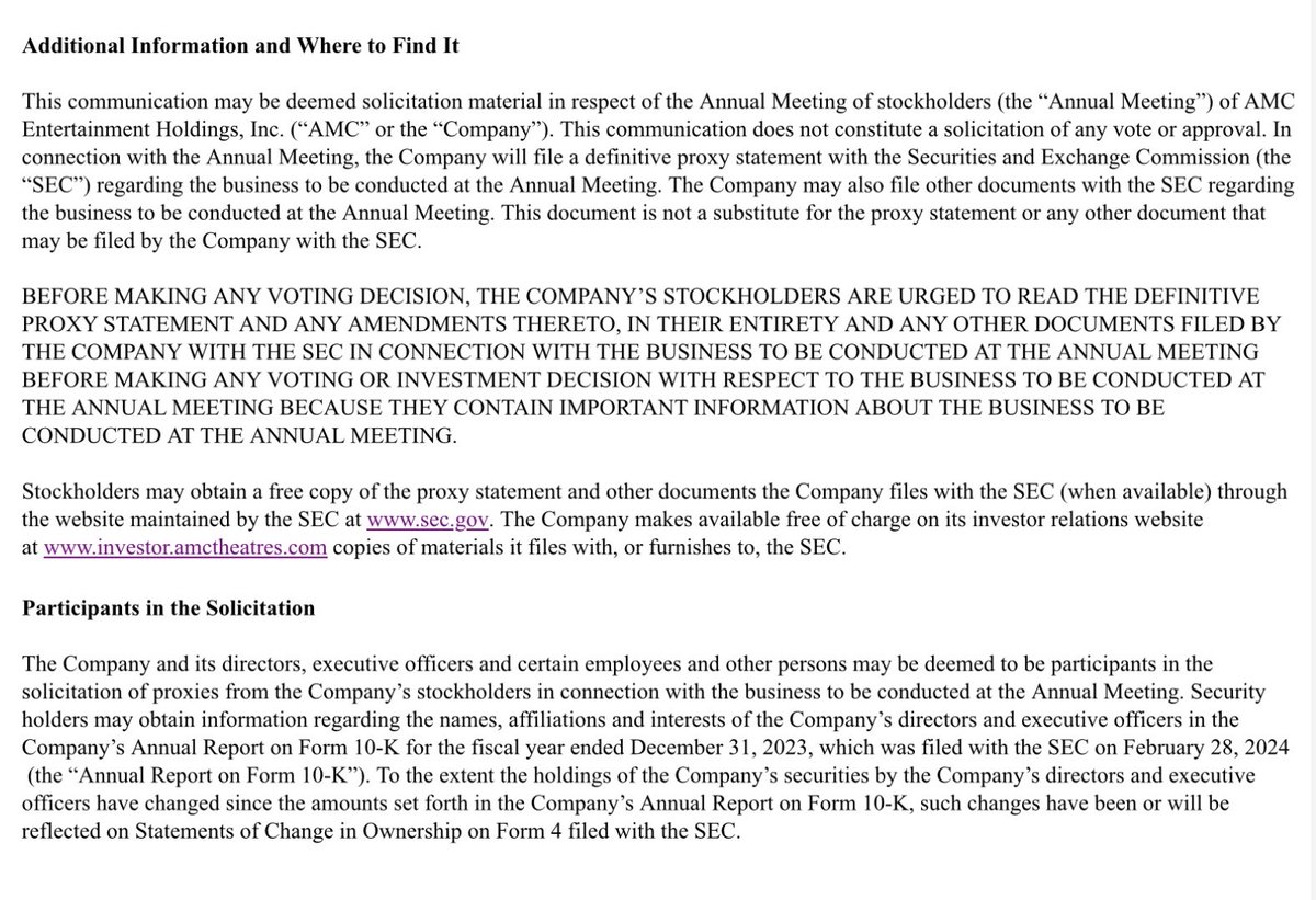 I continue to be one of AMC's largest shareholders with an economic interest in about 2 million owned or granted AMC shares. Other than to fund mandatory federal and state income tax withholdings, I have not sold even one AMC share since January of 2022. I ride with you.