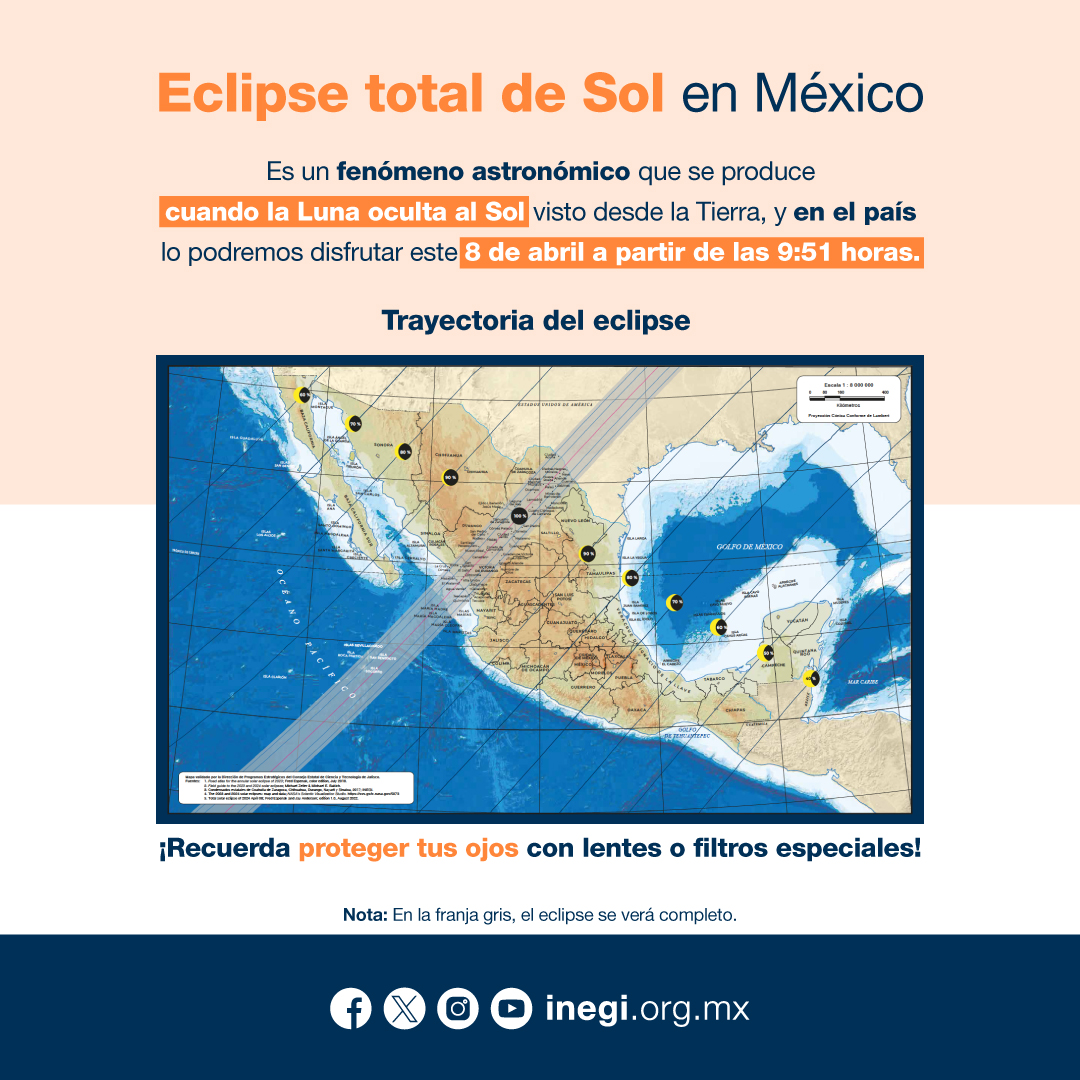 ¡El 8 de abril tendremos la oportunidad de presenciar un #eclipse solar en #México! Conoce con el #INEGI la trayectoria y horarios en los que se podrá ver, así como más información de este fenómeno astronómico: inegi.org.mx/app/biblioteca…