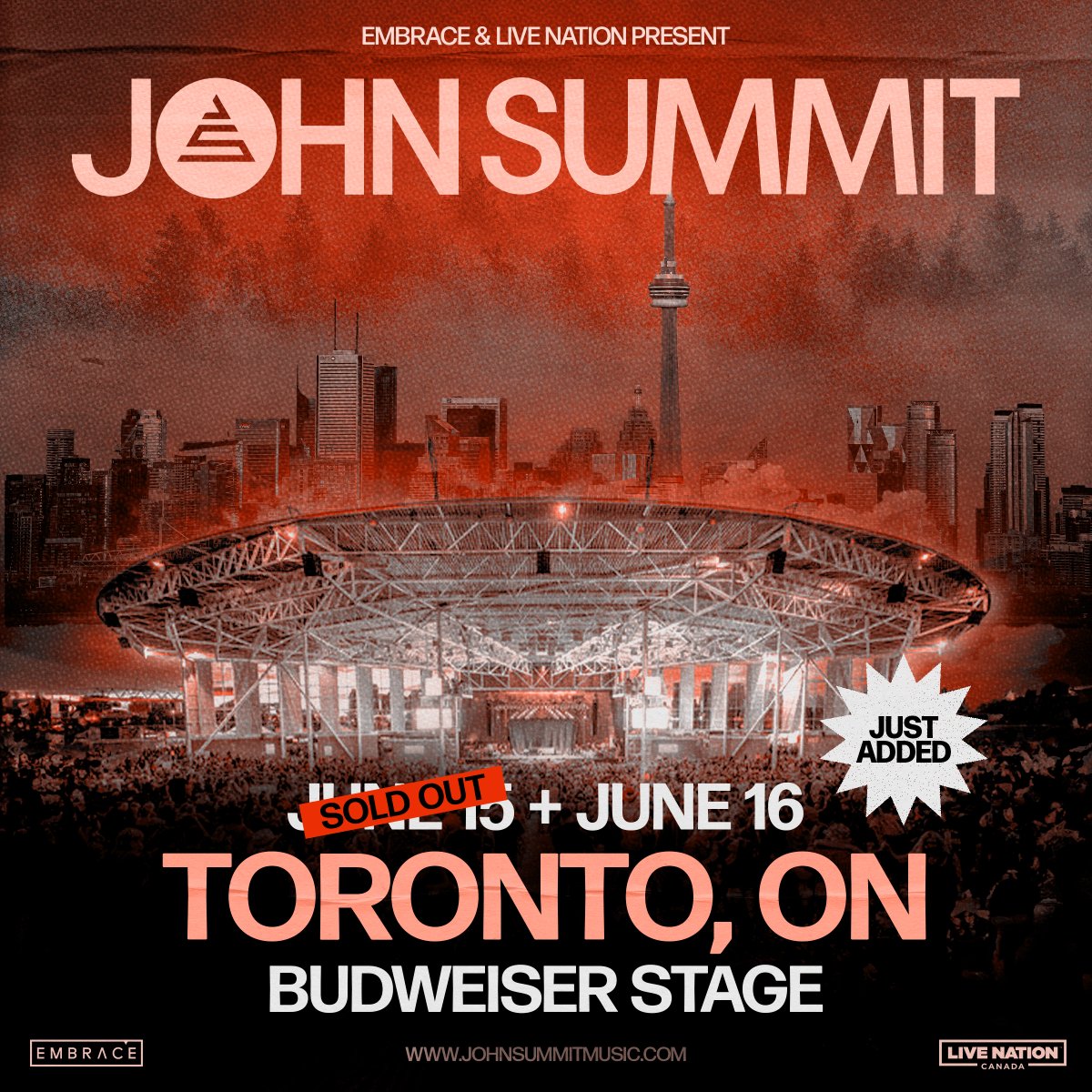 JUST ADDED: You asked and @johnsummit delivered! Due to overwhelming demand, we're adding a second show at Budweiser Stage on June 16th. June 15th now sold out! Sign up now for the presale link laylo.com/johnsummit/tor… - don't miss out.