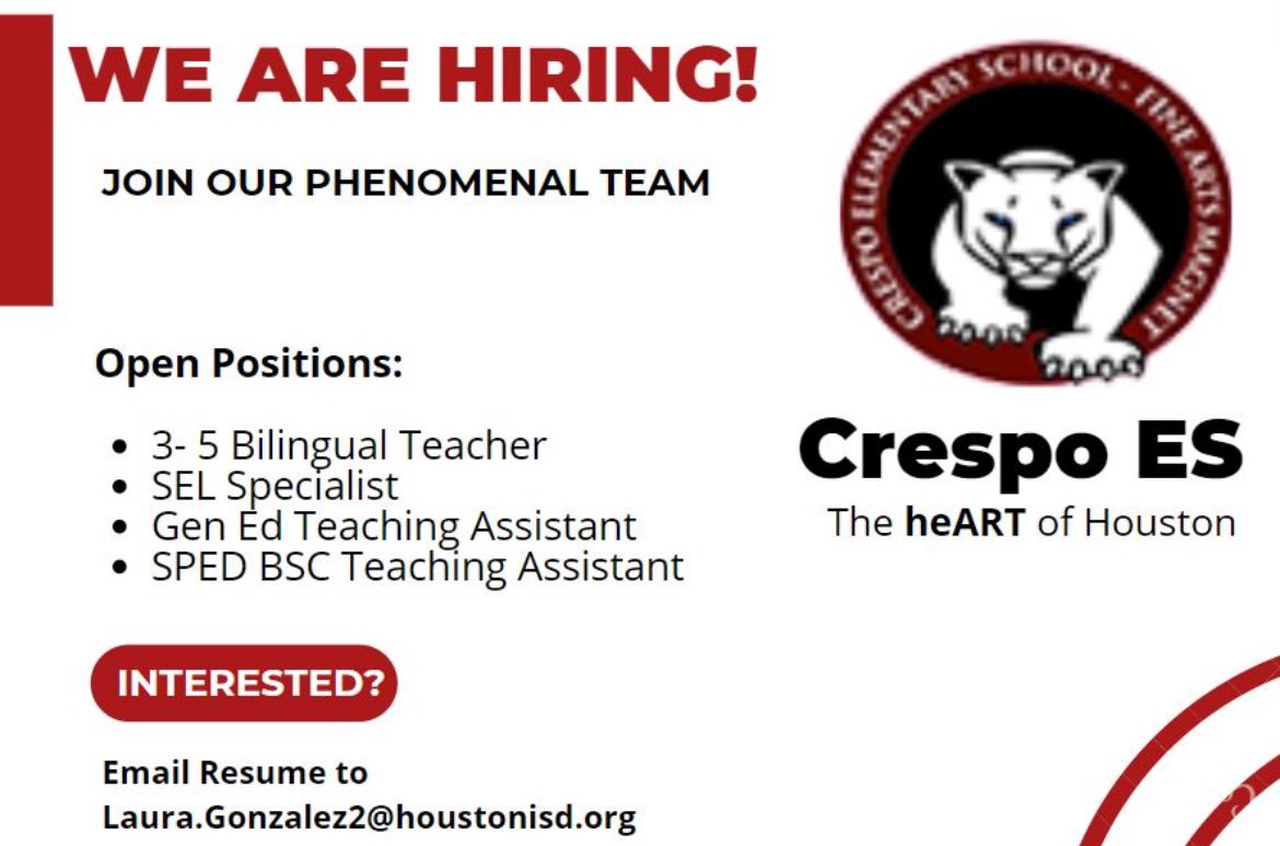 HISD_Crespo's tweet photo. We are hiring for the 24-25 SY! 📣 Join our phenomenal @HISD_Crespo team today. ♥️🐾 @HisdSouth @HISDRecruiter @TeamHISD https://t.co/KSASF5Hqdo