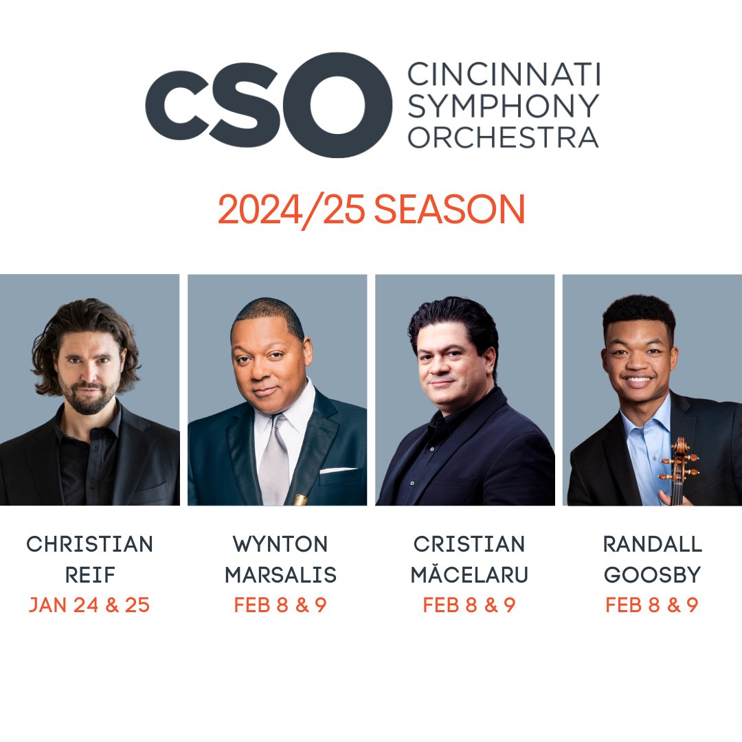 Four Primo artists are featured in the Cincinnati Symphony @CincySymphony’s 2024/25 season! Christian Reif and @CristiMacelaru both return to lead the orchestra. Reif conducts the World Premiere of a new orchestral fantasy by Jimmy López Bellido @JLopezBellido co-commissioned by