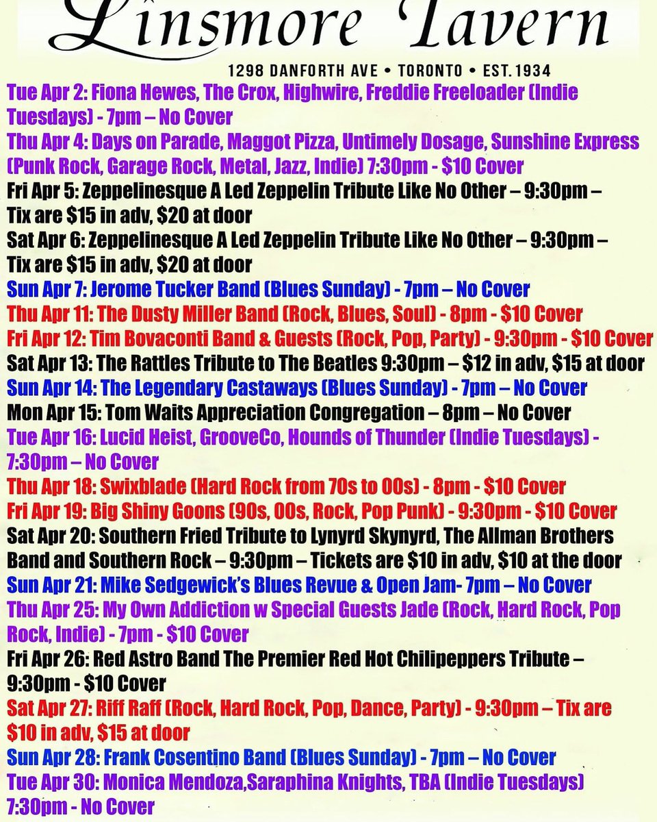 Here it is! Aprils lineup is here and we have some incredible shows this month! Come out and support some live music! @Q107Toronto @CP24 @WhatsUpTOMag @DanforthTweets @EastYork_TO @LiveMusicCda @listenlocalTO @nowtoronto @snapdBeaDan @TorontoMusic @365torontoCom @blogTO