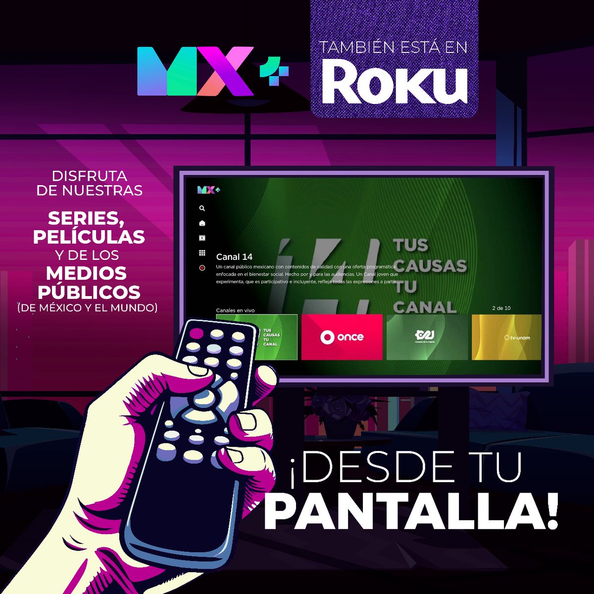 ¡Todo el contenido de @MxPlusTV ya está disponible en #Roku!😎 Descarga la #App y disfruta de series, películas, documentales, podcast, reportajes y más, desde tu #SmartTV📺 📲Disponible aquí👉🏽 bit.ly/3e8GQYE #UnidosPorLasAudiencias