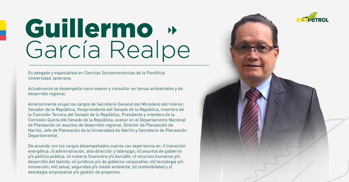 Ecopetrol (@ecopetrol_sa) on Twitter photo #Atención | 💚⚡ Nos complace anunciar a nuestros nuevos líderes de Junta Directiva.
Trabajaremos para cumplir las metas y proyectos de la hoja de ruta de la #TransiciónEnergética justa, limpia y equitativa.
Presidente: Guillermo García Realpe -<a href="/GGarciaRealpe/">G García Realpe</a>- #Atención | 💚⚡ Nos complace anunciar a nuestros nuevos líderes de Junta Directiva.
Trabajaremos para cumplir las metas y proyectos de la hoja de ruta de la #TransiciónEnergética justa, limpia y equitativa.
Presidente: Guillermo García Realpe -<a href="/GGarciaRealpe/">G García Realpe</a>-