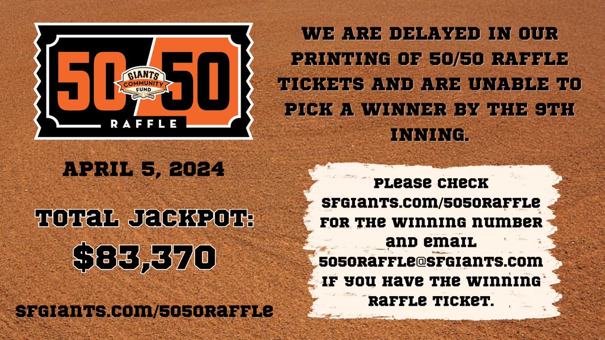 A new Opening Day record for 50/50 Raffle! Please visit sfgiants.com/5050raffle to see if you're the winner! 🎉