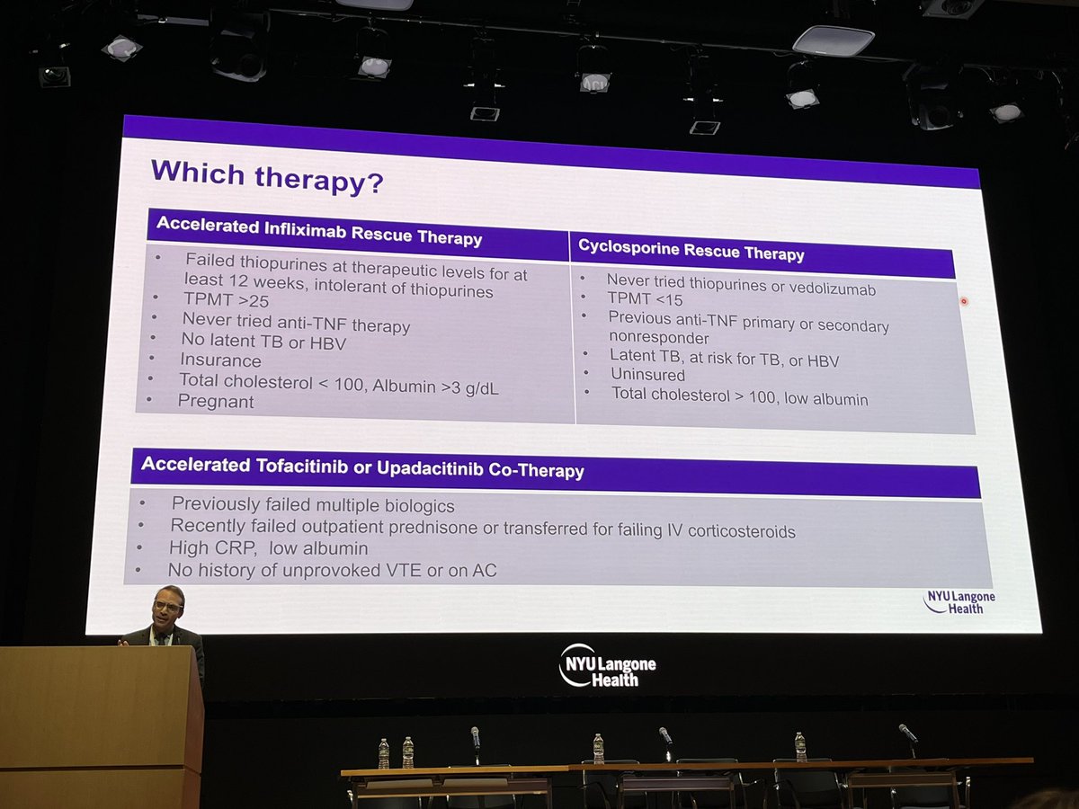 Updates on acute severe UC by @DrJordanAxelrad at @nyulangone #biggutIBD! CDI+ is a poor prognostic factor, inpatient IFX 5 mg/kg 🟰 10mg/kg, and JAKi are now an effective option (but can still use cyclo☝️)