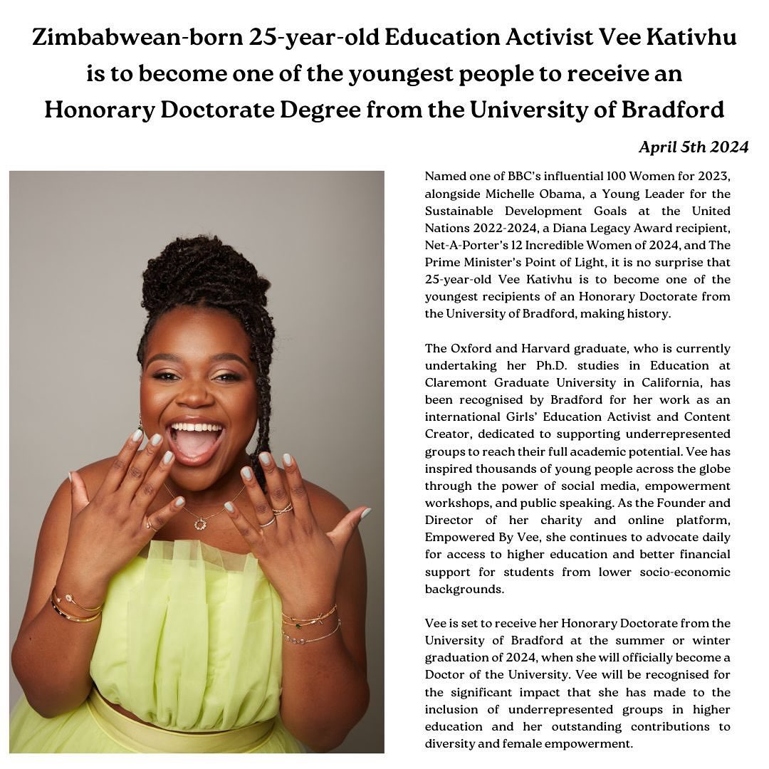 WE’RE MAKING HISTORY!😭! I’m going to be DR. KATIVHU🎉 I’ve been offered an HONORARY DOCTORATE DEGREE by THE VICE-CHANCELLOR AT THE UNIVERSITY OF BRADFORD 🫨 From Zimbabwe, to McDonalds, to Oxford, to Harvard, to the United Nations, to Honorary Doctorate Degree!! at 25!!!!