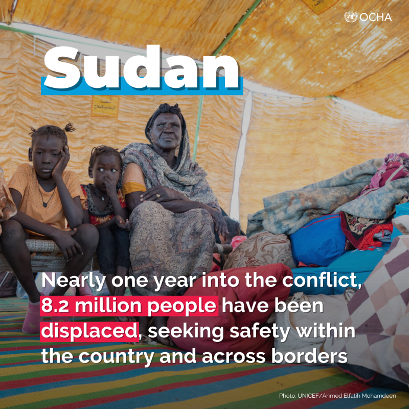 Nearly a year of conflict in Sudan has resulted in millions of people being displaced, with many living on the verge of starvation. @UNOCHA & partners continue to assist those in need but more support is urgently needed. reliefweb.int/report/sudan/s…
