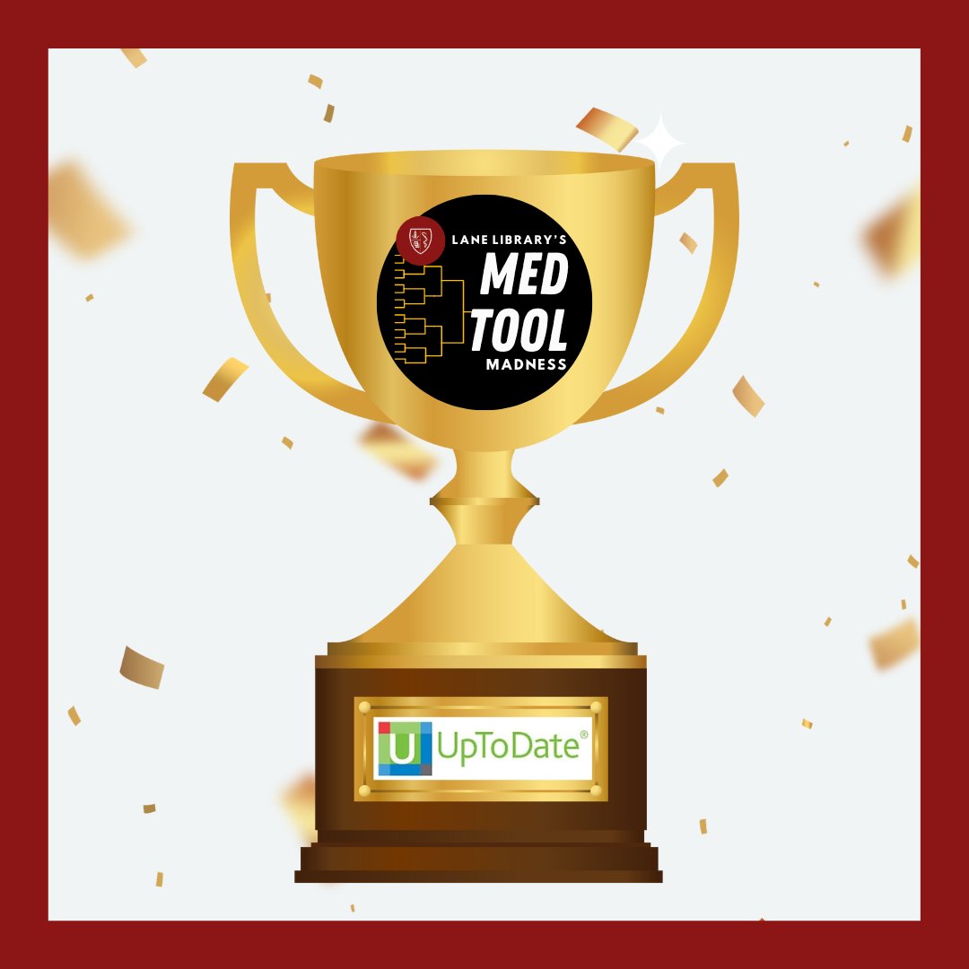 Announcing this year's #MedToolMadness winner: UpToDate!! You can access this favorite clinical tool through our library website and via mobile app. It also includes drug information from our runner-up tool, Lexicomp. Thanks to everyone who voted.