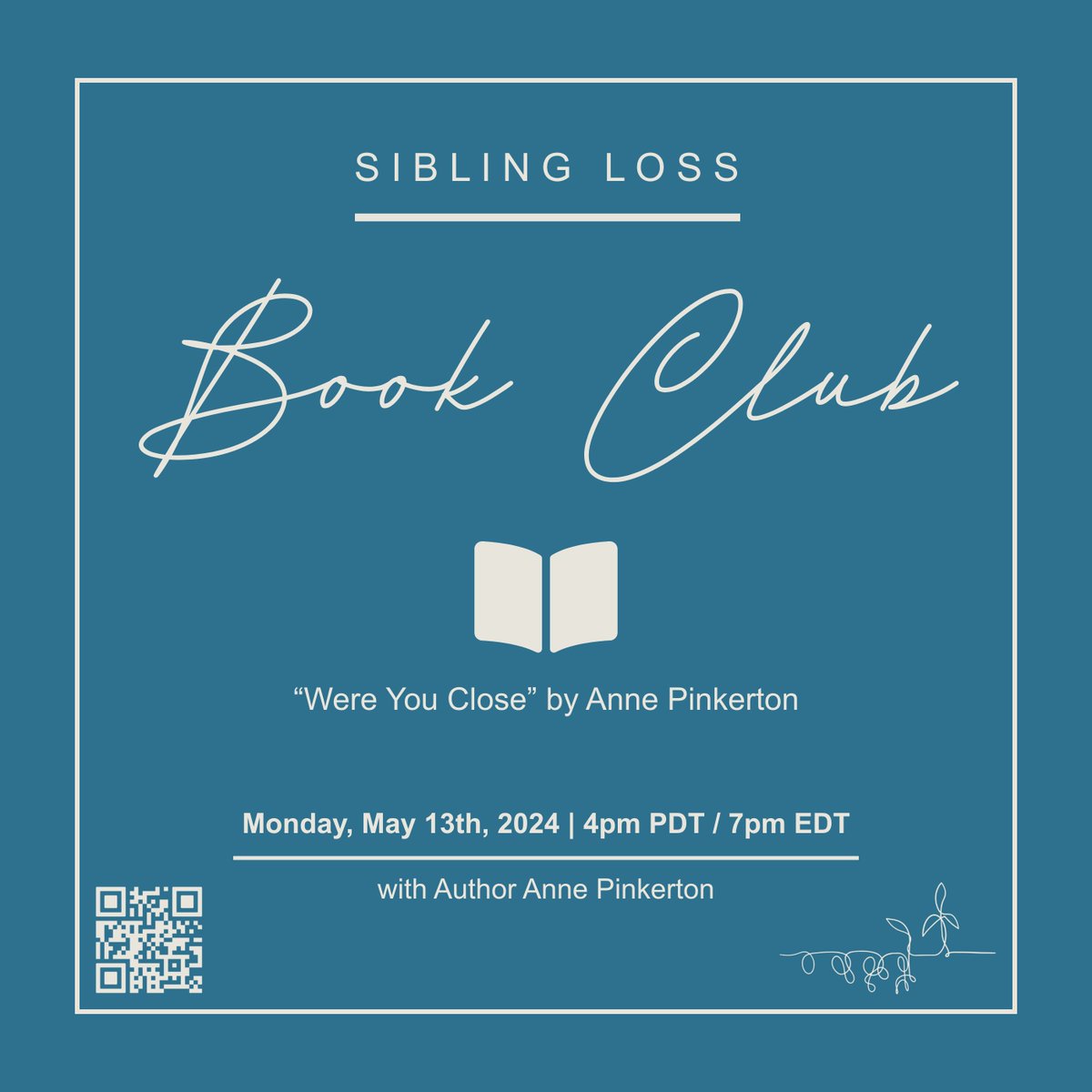 I’m excited to share the first meeting of the Sibling Loss Book Club, sponsored by “The Loss of a Lifetime,” a (soon-to-launch) website and community created by @byalysonshelton , @LightWillFindU and my daughter, Molly Fowkes. To sign up, use the QR code on the graphic below.
