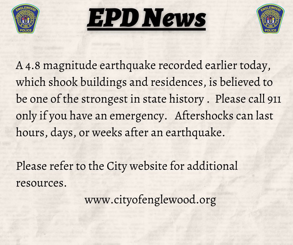 EARTHQUAKE IN NJ?! 

#ENGLEWOODEXCELLENCE #englewoodpolice #englewood #nj #earthquake #bergencounty #newjersey