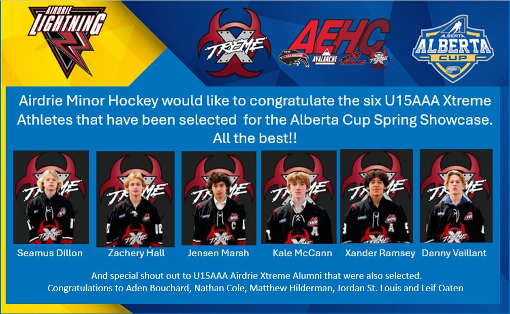 Congratulations to the U15 AAA Xtreme players that have been selected for the Alberta Cup Spring Showcase.
Good luck to you all.