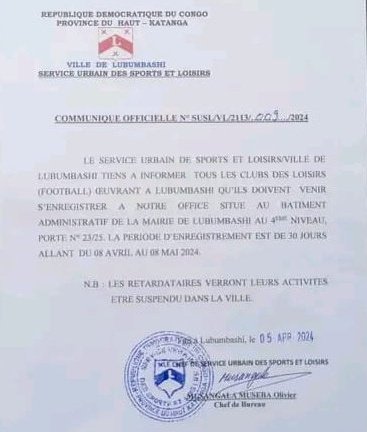 [#RDC : Incroyable mais vrai, Insolite du siècle à #Lubumbashi où la mairie invite les équipes de #football ⚽ loisirs à s'enregistrer moyennant une somme d'argent ! Où allons-nous,avec cette mauvaise pratique qui vise à voler le peuple congolais? Qui va suspendre quoi?]👇👇👇