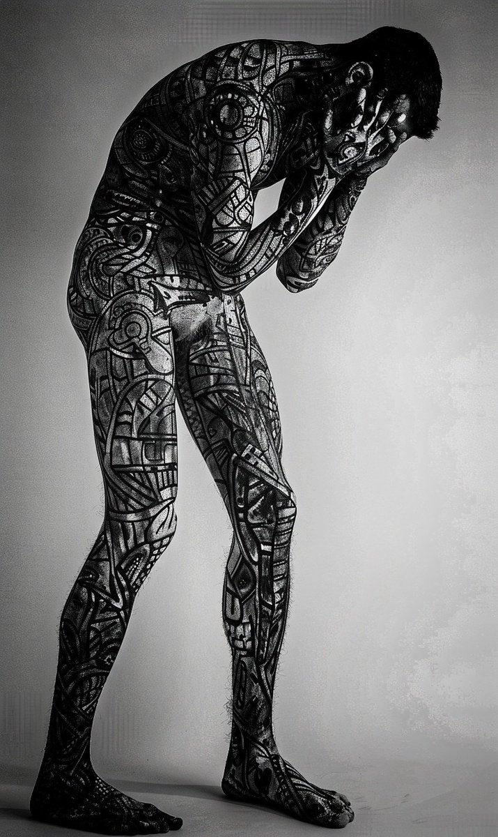 CreativGravity's tweet photo. Unveiling 'Carved in Thoughts', a striking visual metaphor for the inner labyrinths of the human psyche. With every curve and line inked into the skin, this piece speaks to the deep stories carved into each of us. #ArtExpression #HumanPsyche #VisualMetaphor https://t.co/zsSxvlSOLk
