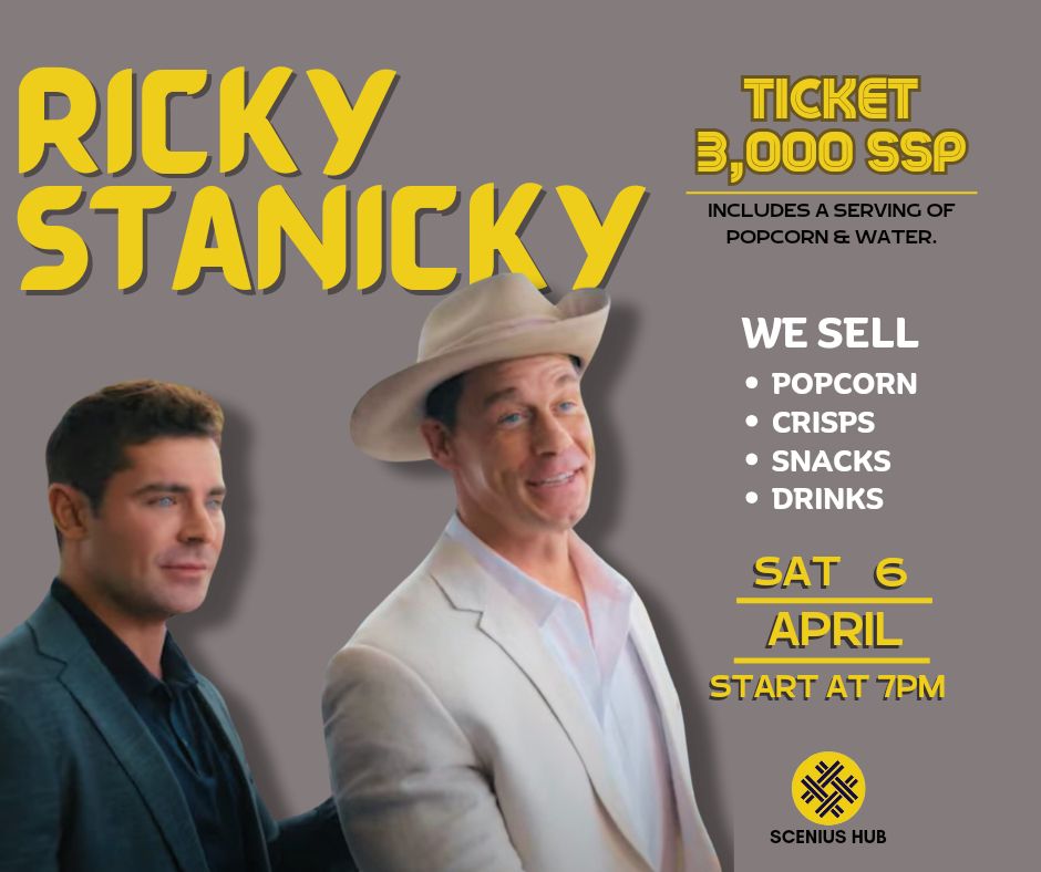 Lights, camera, laughter! This Saturday at Scenius Hub, we're bringing the comedy chaos with a special screening of 'Ricky Stanicky'! #RickyStanicky #MovieNight #SceniusMovieNight tickets: 3000 SSP including a serving of popcorn and water. 📍location: buff.ly/4ayJQVX