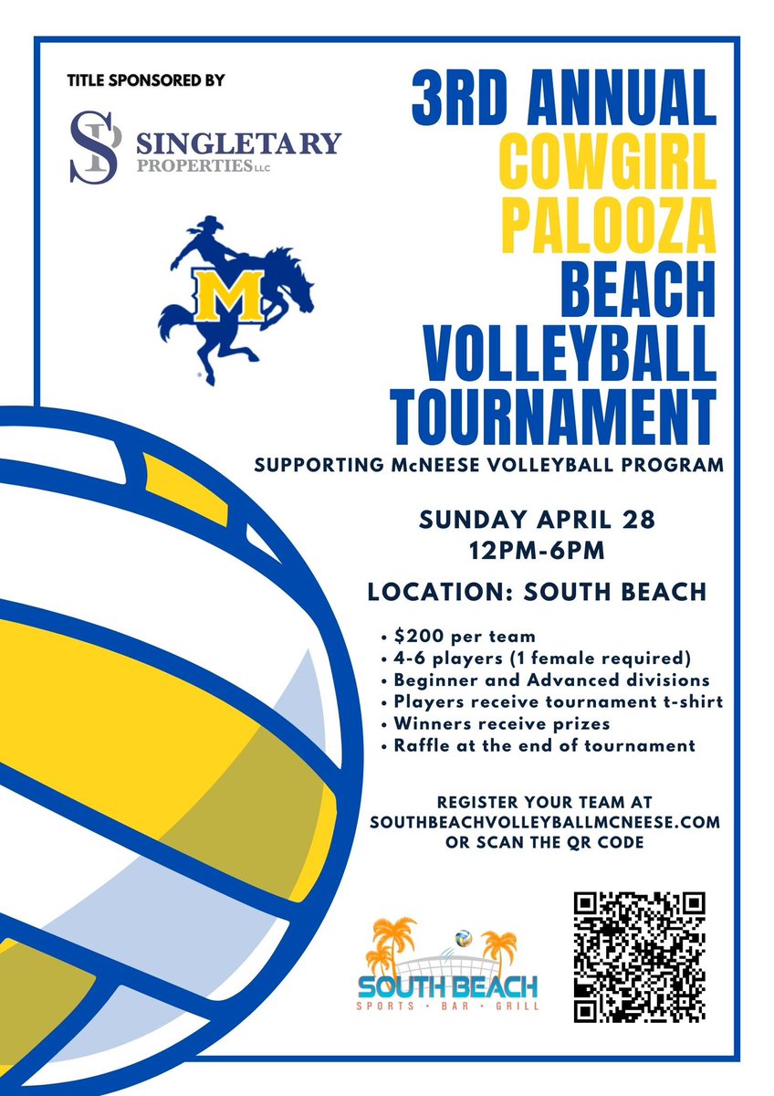 📢 Team registration is LIVE for the Cowgirl Palooza Fundraiser Tournament! Scan the QR Code or click the link below to sign your team up today ☀️🏐 playpass.com/south-beach-vo… #GeauxPokes