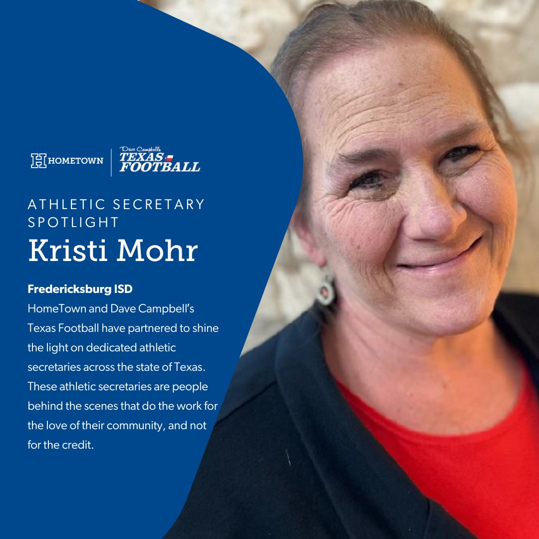 Our next Ath. Sec. Spotlight series with @DCTF is Kristi Mohr of Fredericksburg ISD, the power behind the scenes! 🎉 Thank you for all that you do for @FISDBILLIES, your dedication makes victories possible on and off the field. Watch the full video here: ow.ly/bkH050R9yEu
