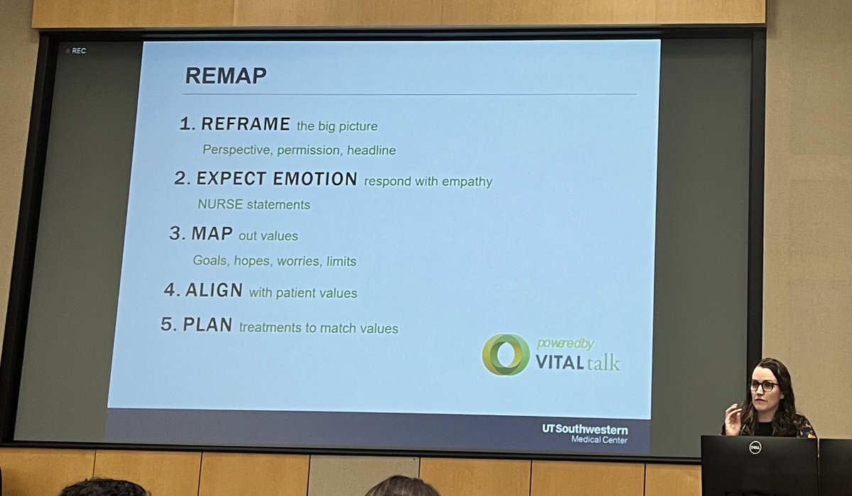 Dr. Katherine Maddox of Palliative Care (and honorary Pediatric Neurologist 🧠) taught us today how important it is to REMAP the conversation using @vitaltalk techniques when having discussions with families surrounding severe neurological impairment. #NewFrontiers2024