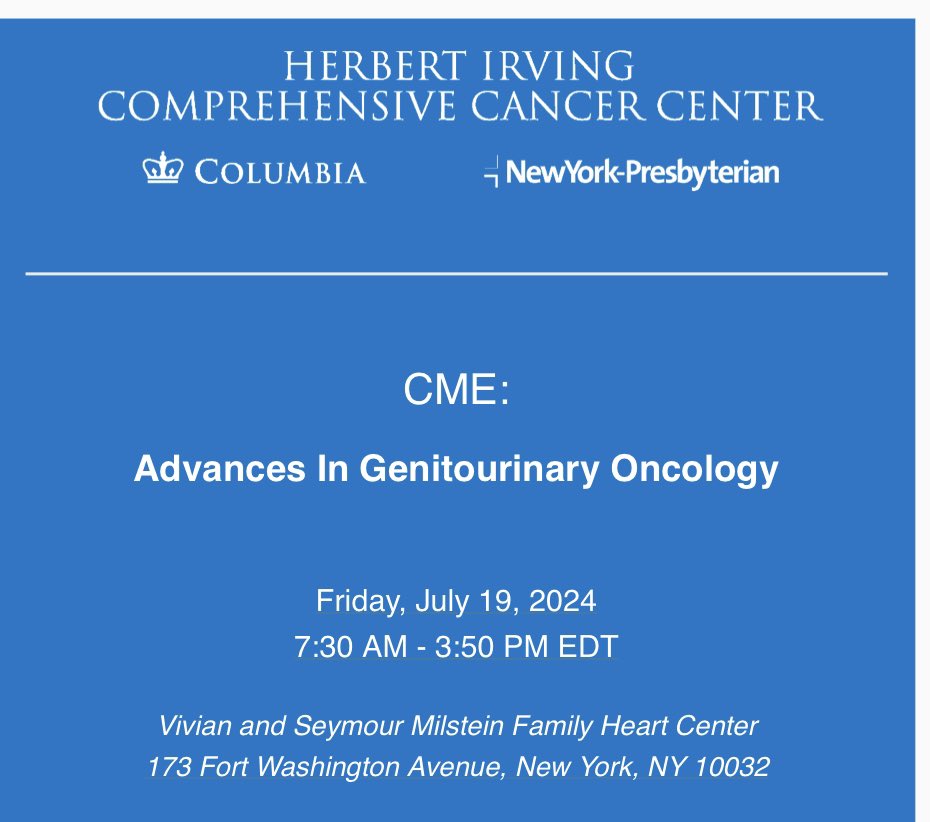 Register now for this upcoming CME course on cutting edge treatments in GU oncology 🦀. nam02.safelinks.protection.outlook.com/?url=https%3A%… Featuring amazing faculty @CBAnderson2014 @JamesJmm23 @shah_ojas @Ifaiena #joeldecastro @Katie_Spina @drmnstein @DrJohnSfakianos @Chris_Barbieri1 … and more!
