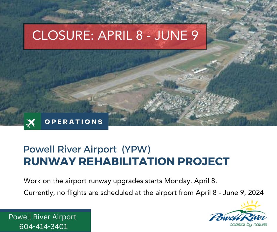 ✈️ REMINDER: The Runway Rehabilitation Project starts on Monday. ℹ️ For more info about the airport closure go to powellriver.civicweb.net/document/13436… 🛜 We will post any updates regarding the project on the City's social media channels, website and participatepr participatepr.ca.