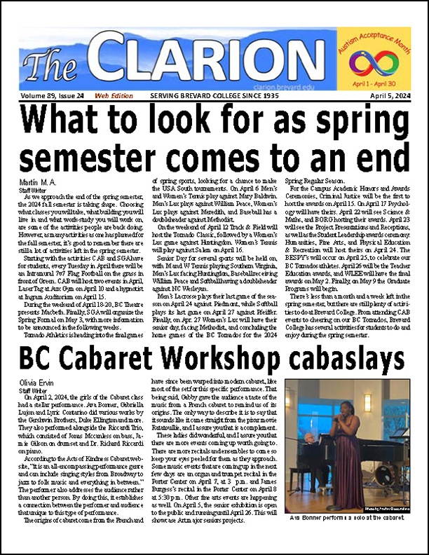 This week's edition of THE CLARION, the @BrevardCollege student newspaper, is now available - published today, April 5, 2024. bit.ly/clarion040524