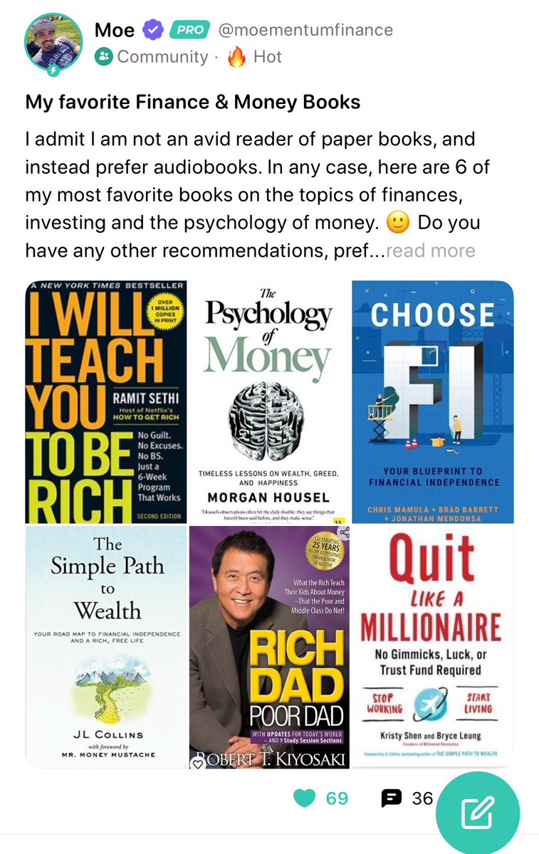 Our beloved Moe’s TOP Finance &amp; Money Books 📚 Drop a 👍🏼 if you’ve read: 

1. I Will Teach You To Be Rich
2. Psychology of Money 
3. Choose FI
4. The Simple Path To Wealth 
5. Rich Dad Poor Dad 
6. Quit Like A Millionaire