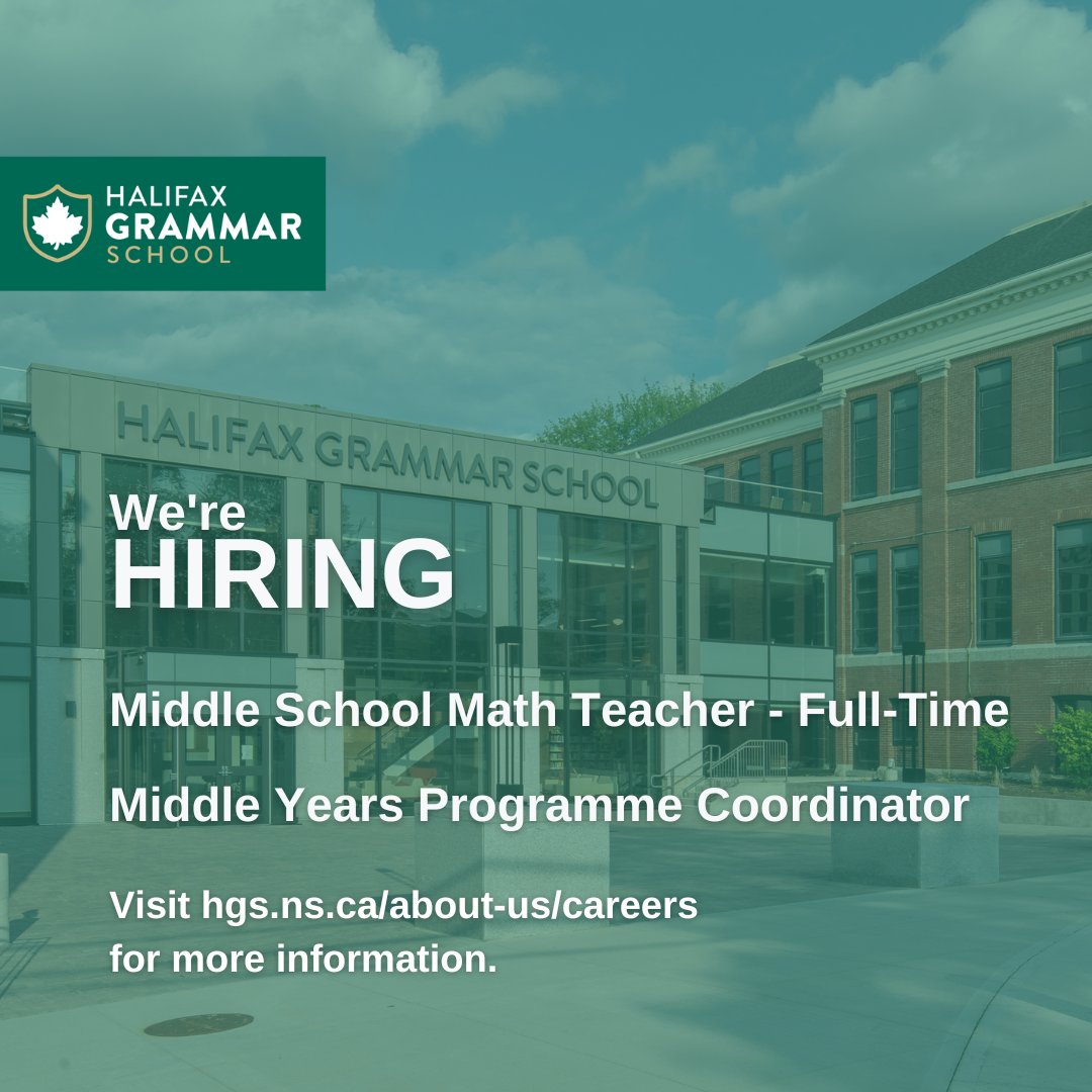 Join the Grammar Community! At Grammar, we believe it takes a team of passionate and dedicated faculty and staff to inspire the next generation of leaders. For more information and to apply, visit hgs.ns.ca/about-us/caree… #HalifaxGrammar #halifaxjobs #novascotiajobs